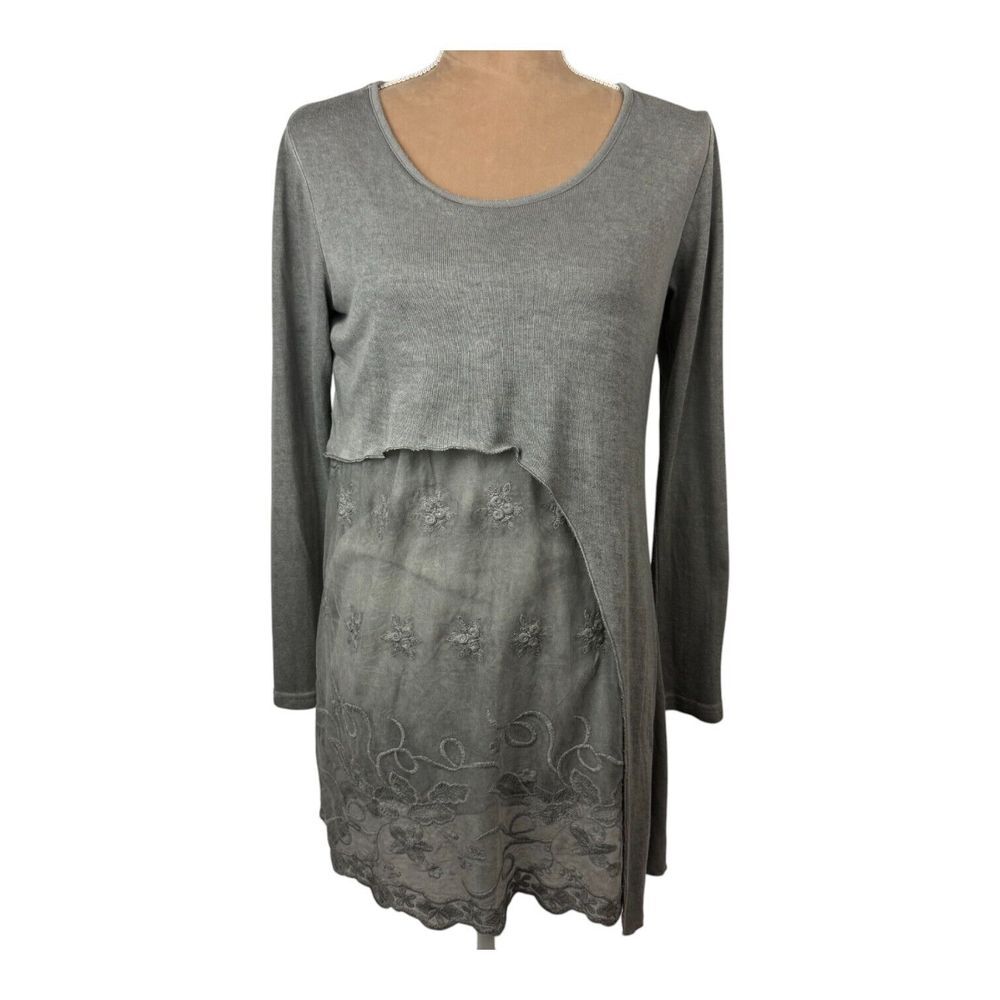 VINTAGE Concept Asymmetrical‎ Mixed Media Embroidered Linen Top Blue/Gray Sz Sm
